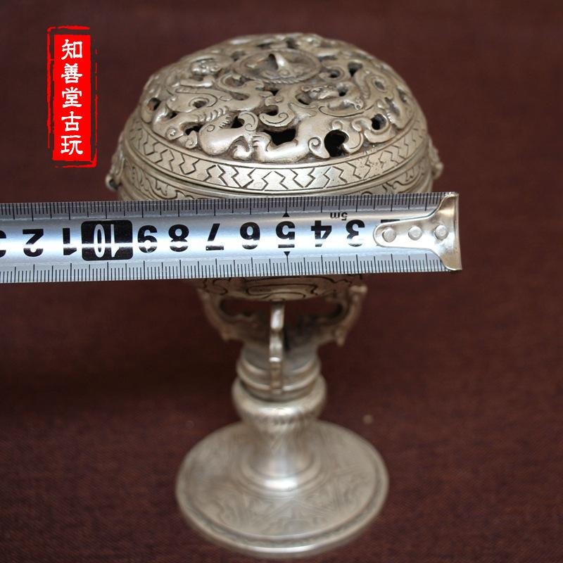古玩銅器收藏仿古純銅白銅黃銅鍍銀高腳三龍銅香爐風水家居擺件-細節圖8