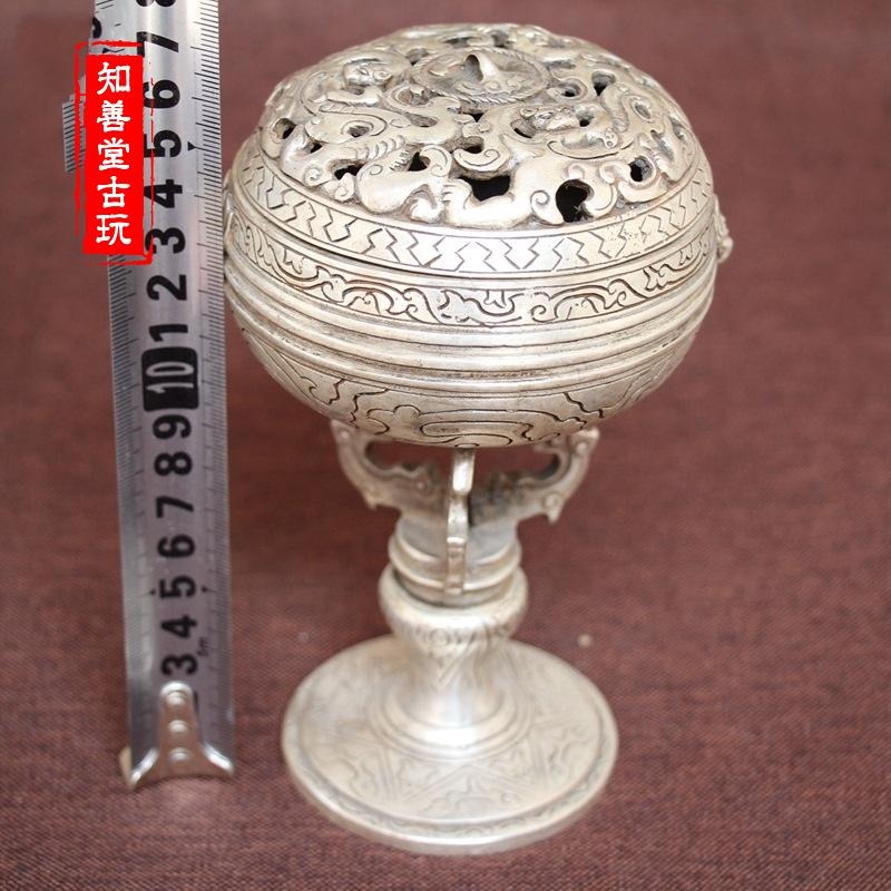 古玩銅器收藏仿古純銅白銅黃銅鍍銀高腳三龍銅香爐風水家居擺件-細節圖9