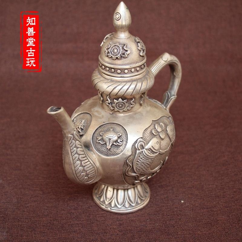 古玩銅器收藏仿古純銅白銅黃銅鍍銀年年有餘銅壺酒壺風水家居擺件-細節圖4