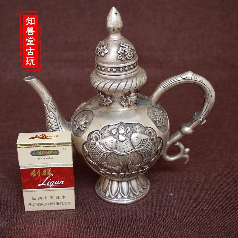 古玩銅器收藏仿古純銅白銅黃銅鍍銀年年有餘銅壺酒壺風水家居擺件-細節圖5