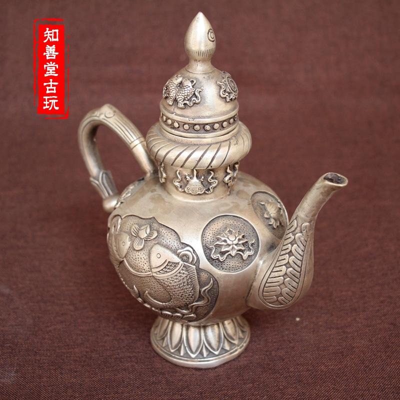 古玩銅器收藏仿古純銅白銅黃銅鍍銀年年有餘銅壺酒壺風水家居擺件-細節圖6