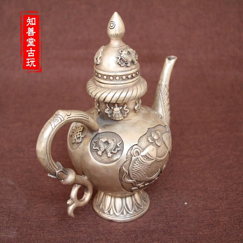 古玩銅器收藏仿古純銅白銅黃銅鍍銀年年有餘銅壺酒壺風水家居擺件-細節圖7