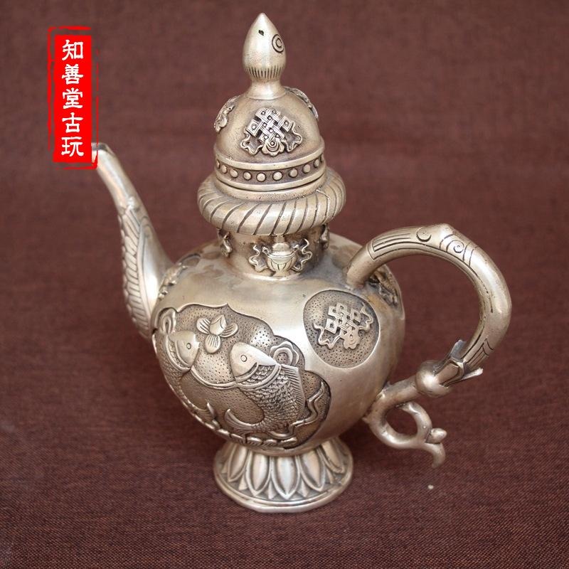 古玩銅器收藏仿古純銅白銅黃銅鍍銀年年有餘銅壺酒壺風水家居擺件-細節圖8
