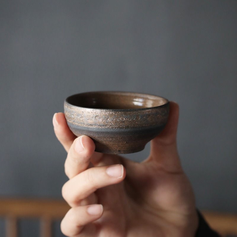 粗陶鎏金茶杯品茗杯茶盞茶碗陶瓷杯子單個柴燒小茶杯手工復古單杯-細節圖3