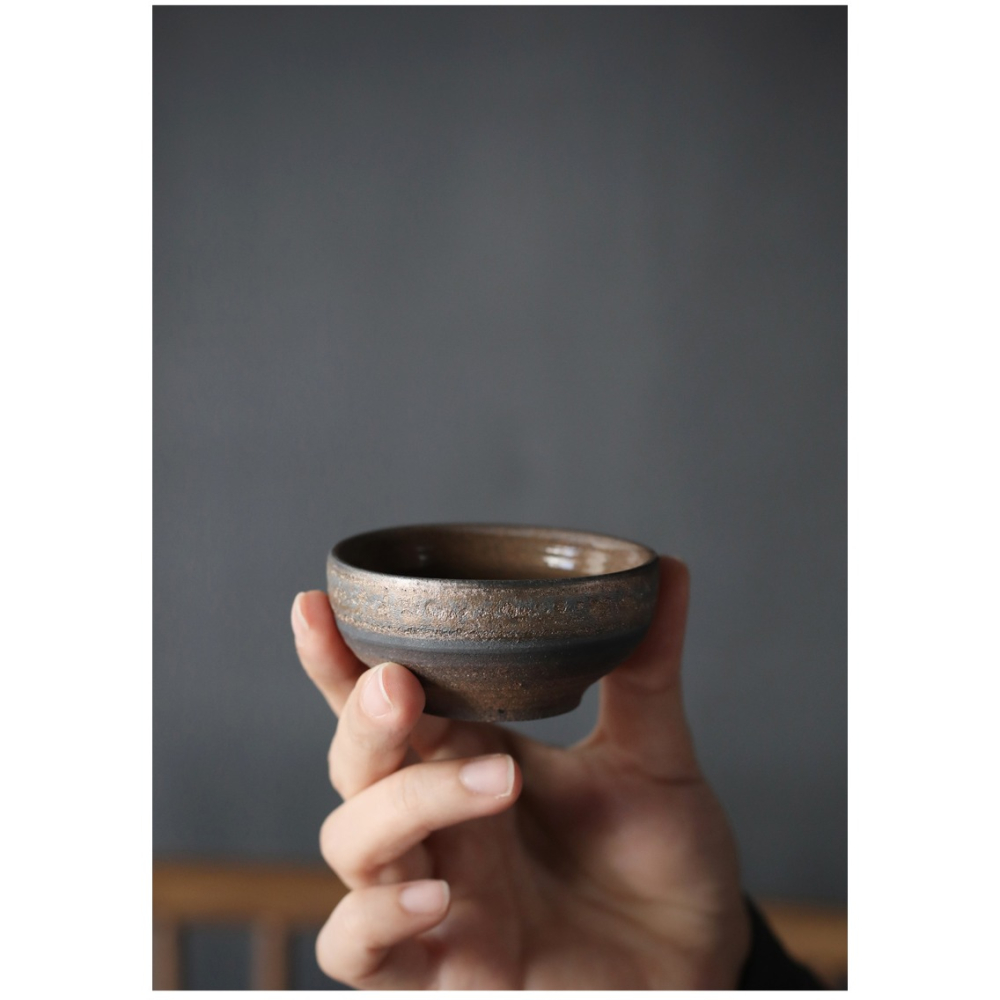 粗陶鎏金茶杯品茗杯茶盞茶碗陶瓷杯子單個柴燒小茶杯手工復古單杯-細節圖8
