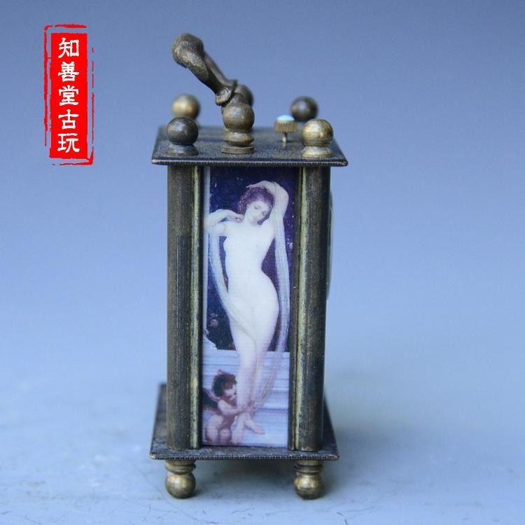 古玩雜項收藏 仿古黃銅西洋人物畫機械小鬧鐘 家居裝飾擺件收藏-細節圖2