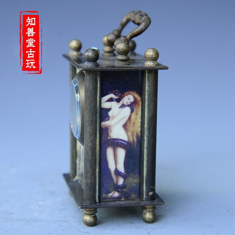 古玩雜項收藏 仿古黃銅西洋人物畫機械小鬧鐘 家居裝飾擺件收藏-細節圖4