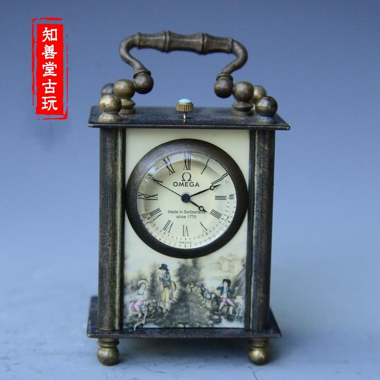 古玩雜項收藏 仿古黃銅西洋人物畫機械小鬧鐘 家居裝飾擺件收藏-細節圖5