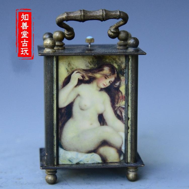 古玩雜項收藏 仿古黃銅西洋人物畫機械小鬧鐘 家居裝飾擺件收藏-細節圖8