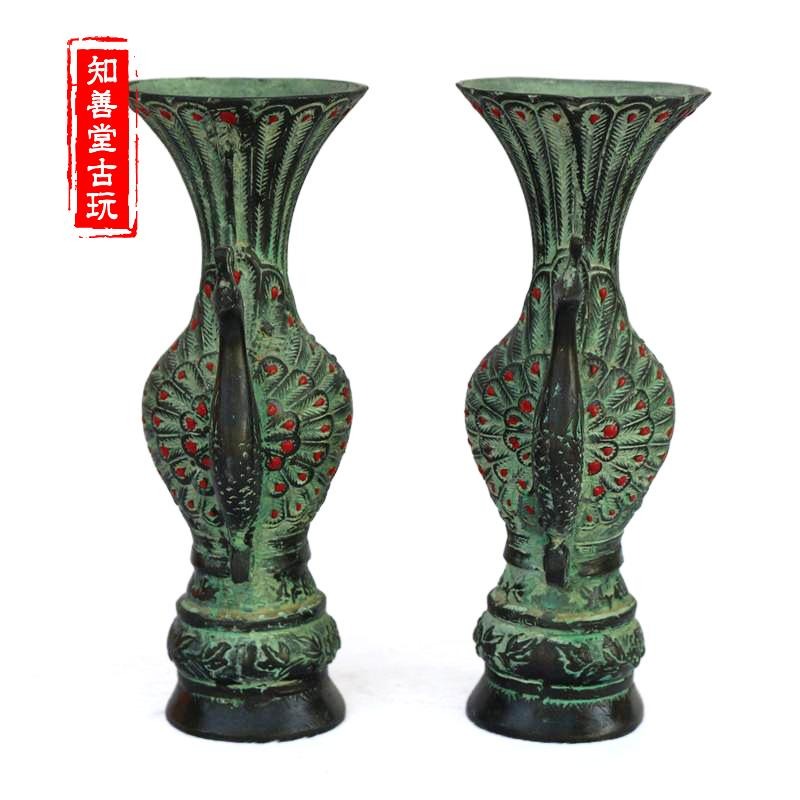 古玩雜項 仿古青銅器 精雕大號孔雀開屏花瓶 家居辦公裝飾銅擺件-細節圖2