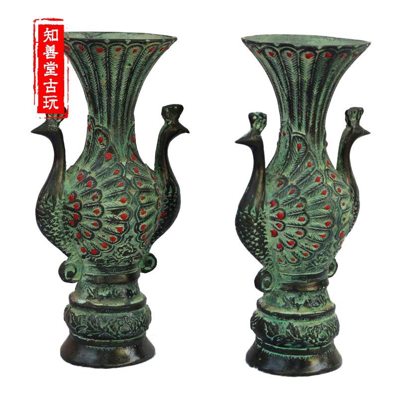 古玩雜項 仿古青銅器 精雕大號孔雀開屏花瓶 家居辦公裝飾銅擺件-細節圖3