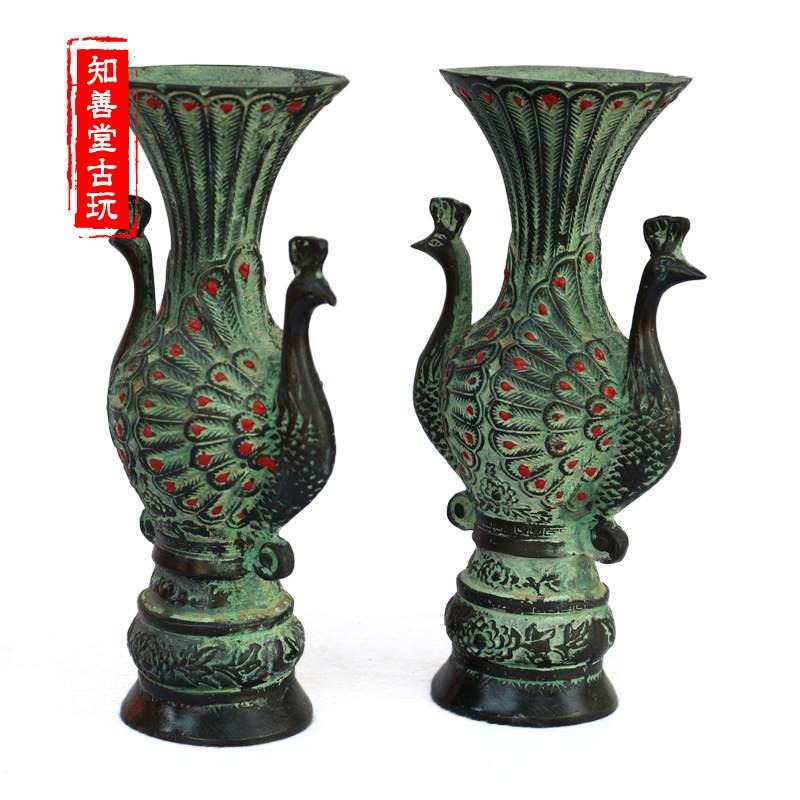 古玩雜項 仿古青銅器 精雕大號孔雀開屏花瓶 家居辦公裝飾銅擺件-細節圖4
