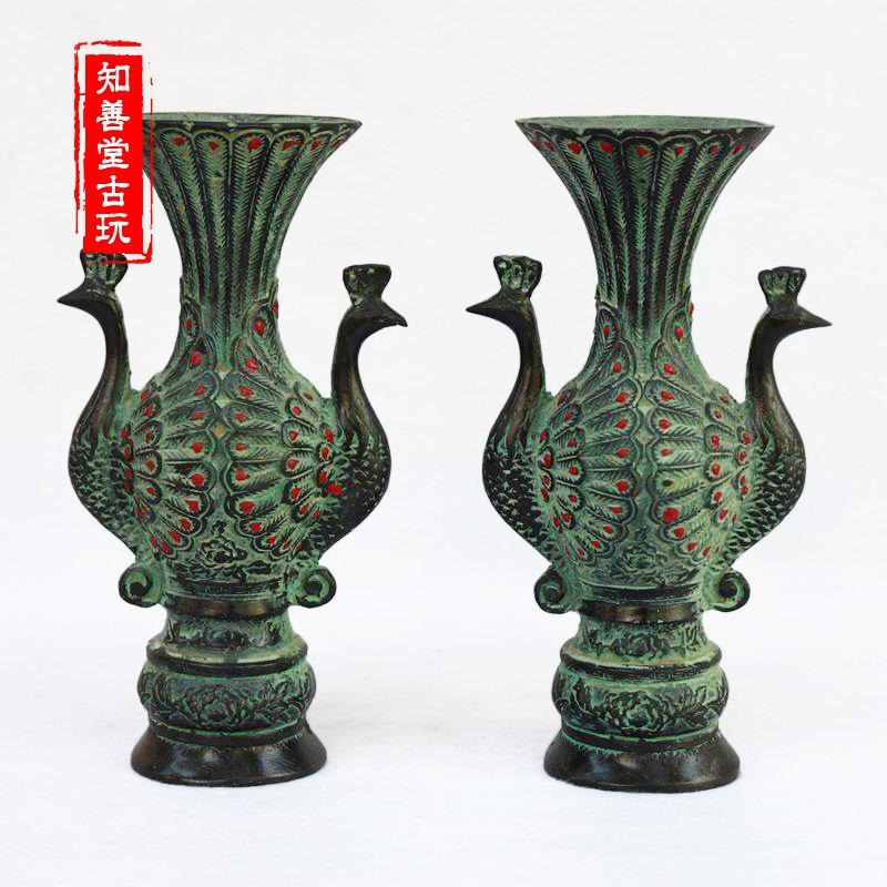古玩雜項 仿古青銅器 精雕大號孔雀開屏花瓶 家居辦公裝飾銅擺件-細節圖5