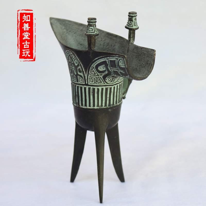 正宗青銅器鑄造純銅仿古做舊酒杯青銅霸王爵擺件龍爵三角酒杯酒具-細節圖2