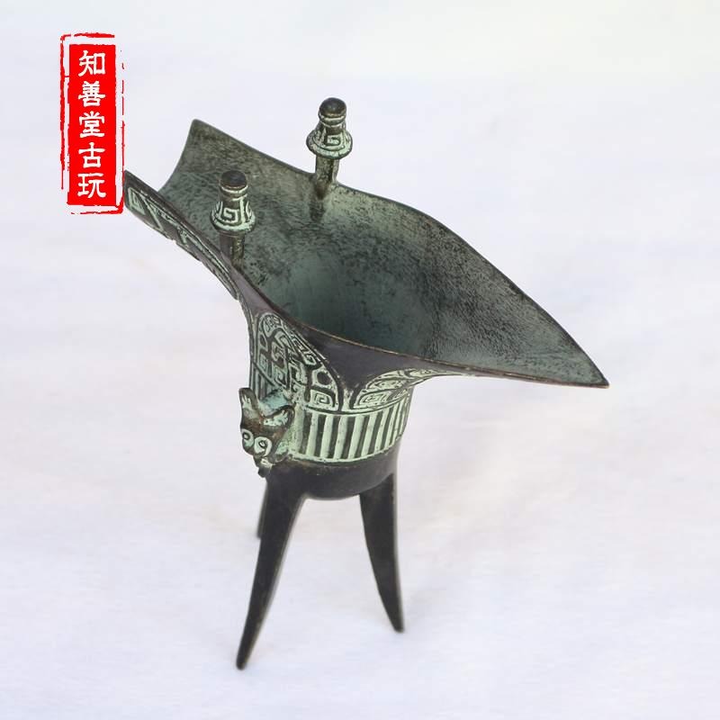正宗青銅器鑄造純銅仿古做舊酒杯青銅霸王爵擺件龍爵三角酒杯酒具-細節圖5