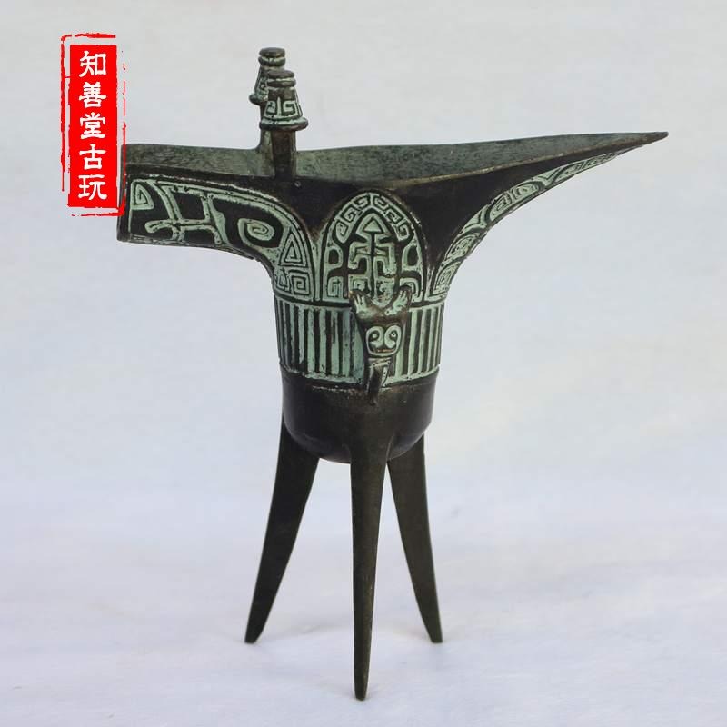 正宗青銅器鑄造純銅仿古做舊酒杯青銅霸王爵擺件龍爵三角酒杯酒具-細節圖6