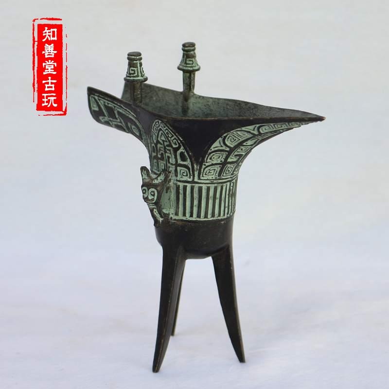 正宗青銅器鑄造純銅仿古做舊酒杯青銅霸王爵擺件龍爵三角酒杯酒具-細節圖7