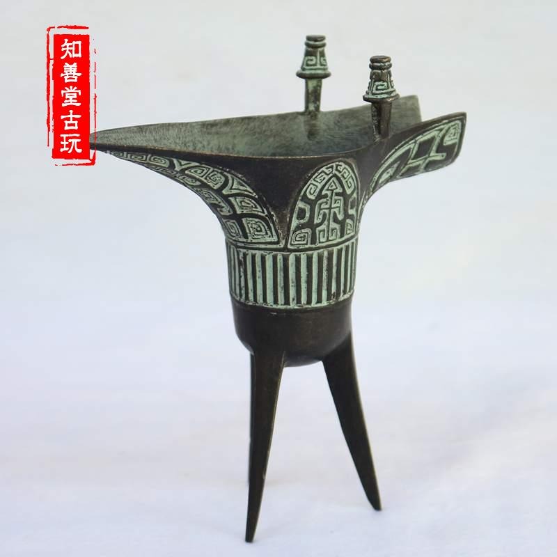 正宗青銅器鑄造純銅仿古做舊酒杯青銅霸王爵擺件龍爵三角酒杯酒具-細節圖8