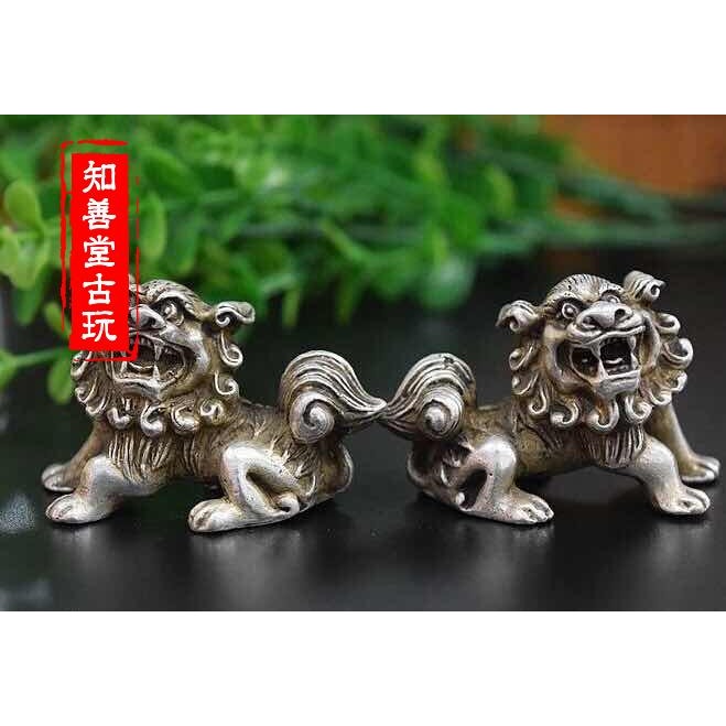精工古法實心白銅鍍銀神獸對吼古玩雜件家居飾品銅器文玩收藏-細節圖2