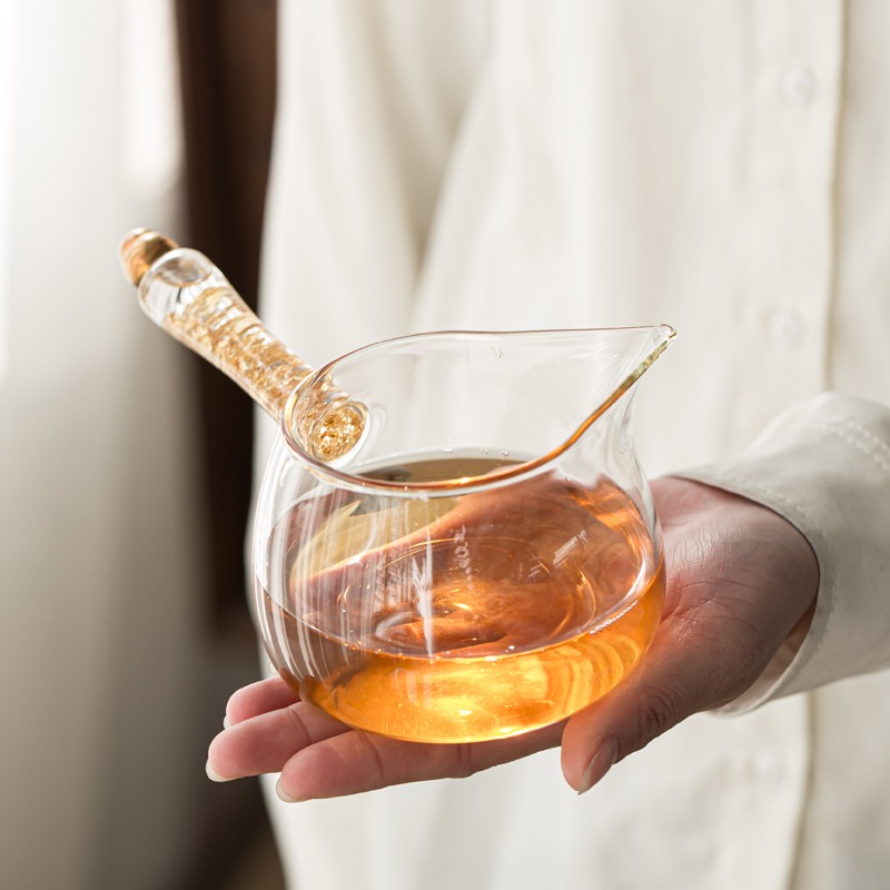 耐熱玻璃流金側把公道杯斷水防燙日式創意公杯透明茶海單個分茶器-細節圖4
