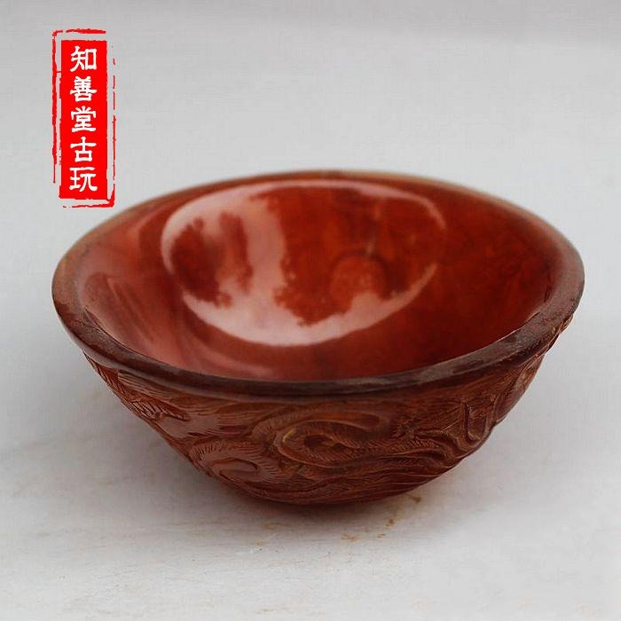 古玩收藏天然牛角擺件 精雕工藝品牛角碗 牛角杯 高檔復古禮品-細節圖8