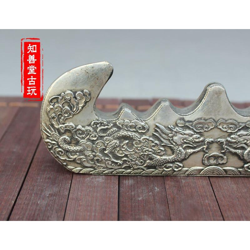 古玩雜項收藏 精美實用白銅雙龍戲珠筆架 筆託筆擱筆掛山-細節圖4