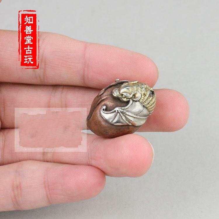 古玩雜項收藏 紫銅鎏金銀手工雕福祿雙全壽桃蝙蝠吊墜掛件配飾-細節圖2