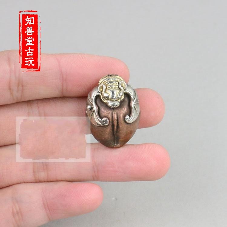 古玩雜項收藏 紫銅鎏金銀手工雕福祿雙全壽桃蝙蝠吊墜掛件配飾-細節圖5