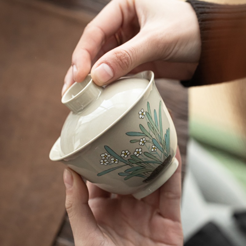 草木灰蓋碗單個陶瓷茶碗帶蓋功夫茶具套裝家用喝茶茶杯泡茶不燙手-細節圖4
