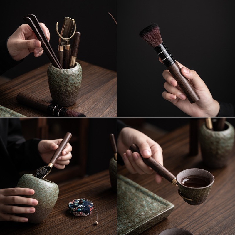 粗陶六君子套裝家用黑檀實木茶道6君子茶筒功夫茶具配件茶夾茶勺-細節圖3