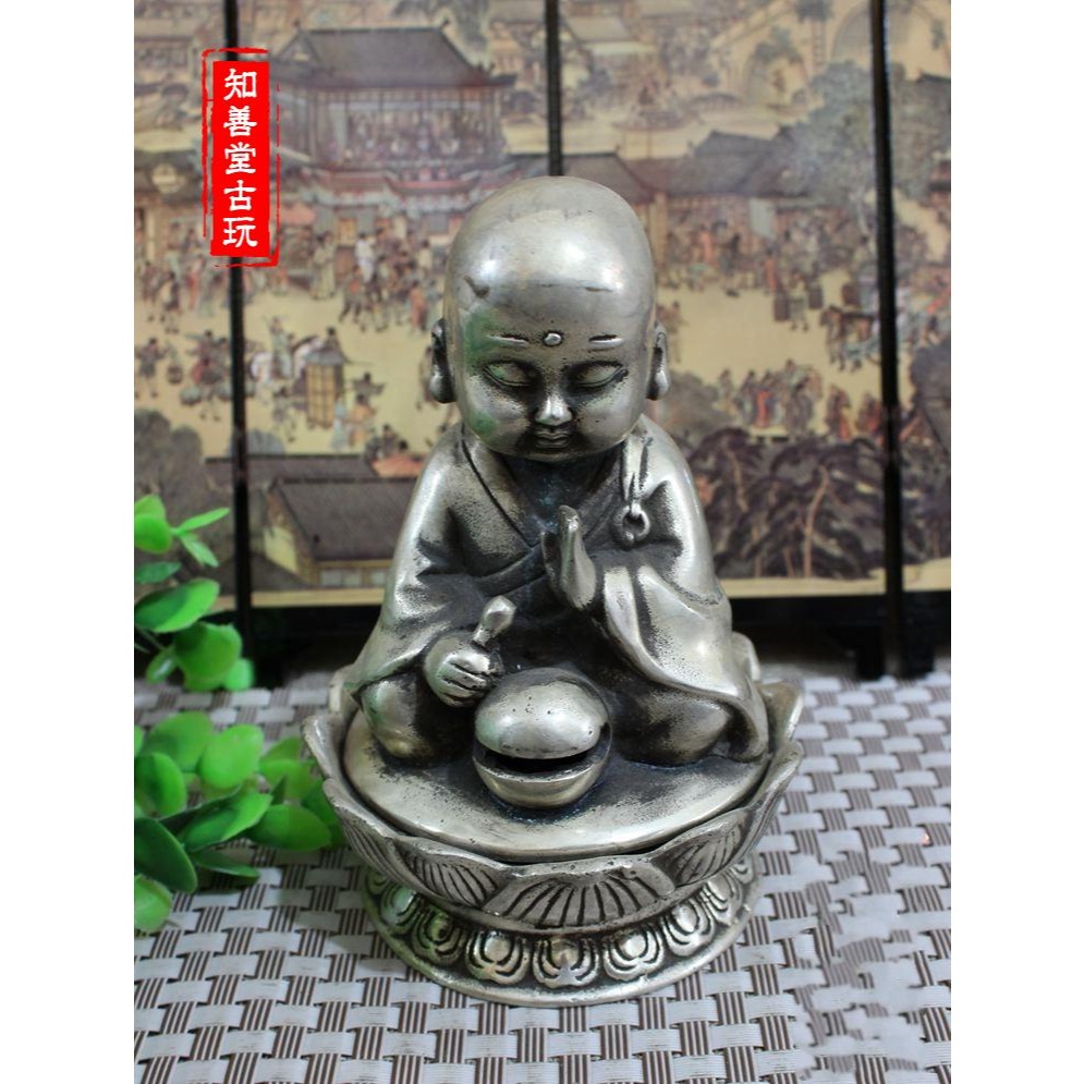 古玩銅器收藏純銅銅像白銅鍍銀銅器商務禮品銅器風水擺件和尚香爐-細節圖4