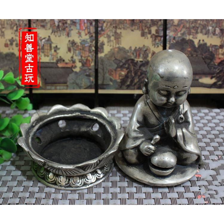 古玩銅器收藏純銅銅像白銅鍍銀銅器商務禮品銅器風水擺件和尚香爐-細節圖6