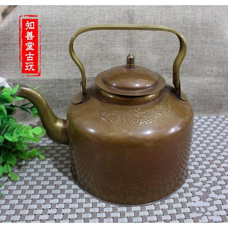 仿古銅器黃銅 擺件裝飾黃銅溫酒壺手提壺雙龍雕花提壺-細節圖3