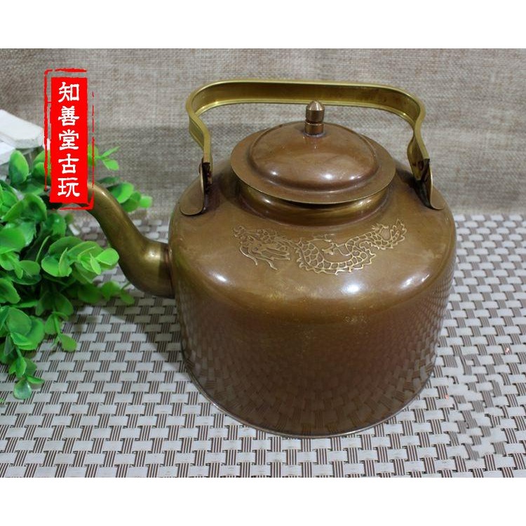 仿古銅器黃銅 擺件裝飾黃銅溫酒壺手提壺雙龍雕花提壺-細節圖5