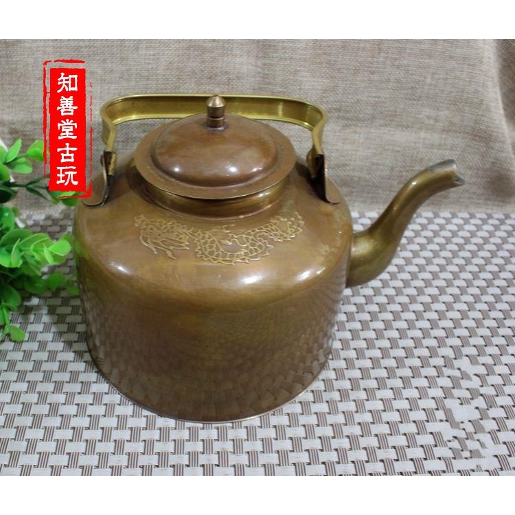 仿古銅器黃銅 擺件裝飾黃銅溫酒壺手提壺雙龍雕花提壺-細節圖6