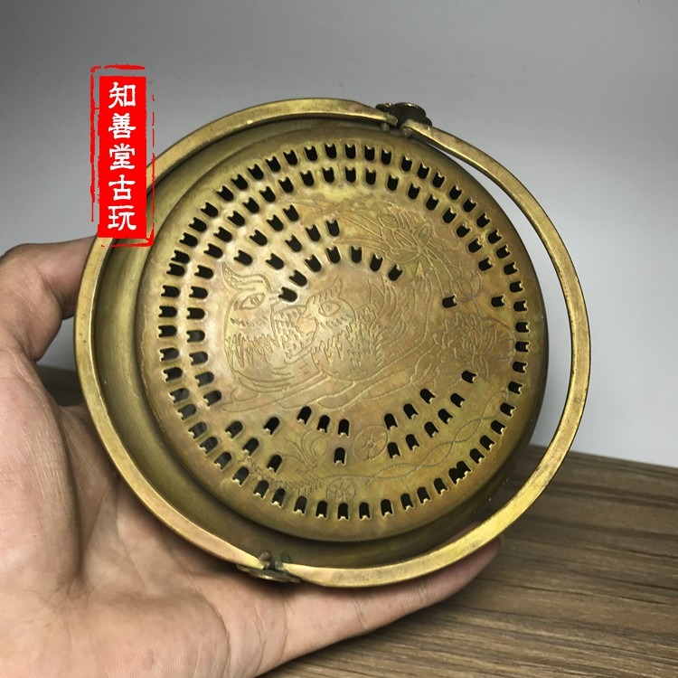古玩雜項 仿古水壺精品老銅仿舊銅盒精雕圖 黃銅手提炭爐-細節圖3