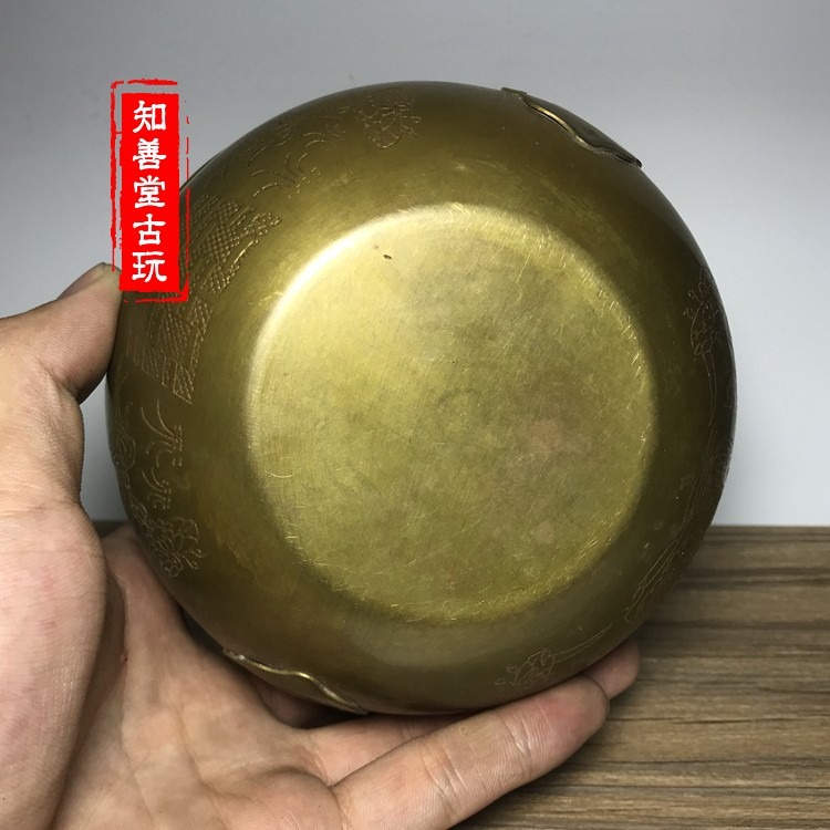 古玩雜項 仿古水壺精品老銅仿舊銅盒精雕圖 黃銅手提炭爐-細節圖5