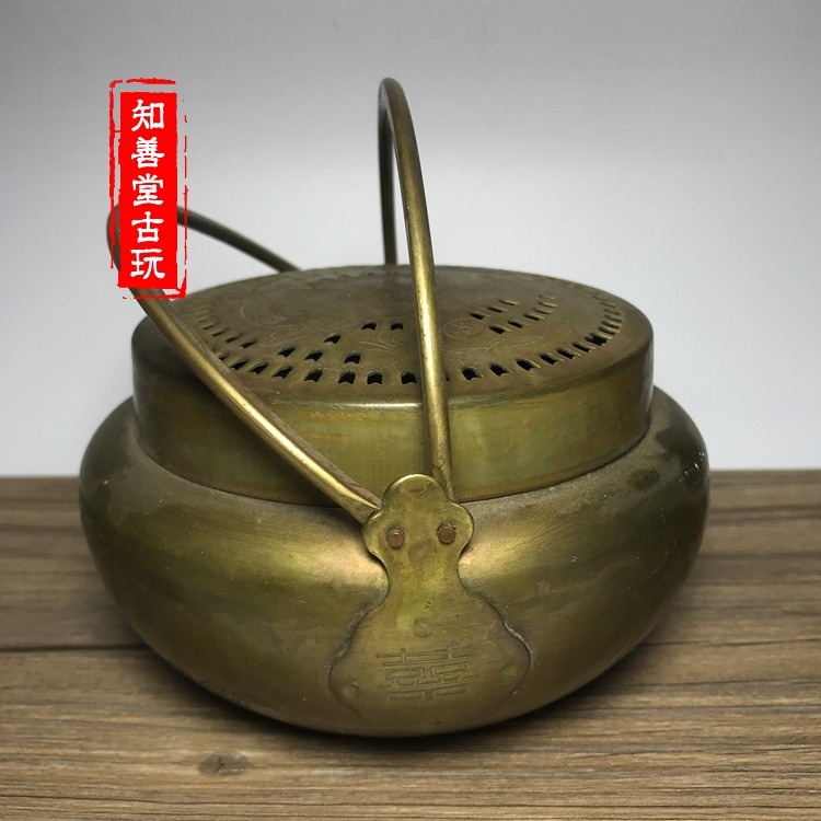 古玩雜項 仿古水壺精品老銅仿舊銅盒精雕圖 黃銅手提炭爐-細節圖7