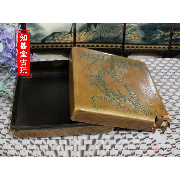 文房四寶 仿古墨盒精品老銅仿舊銅盒精雕圖 黃銅墨盒翠竹墨盒-細節圖4