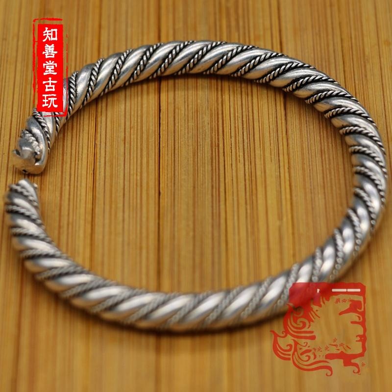 仿古做舊款 苗銀藏銀銅鍍銀卷絲掐絲麻花手鐲 情侶款飾品-細節圖2