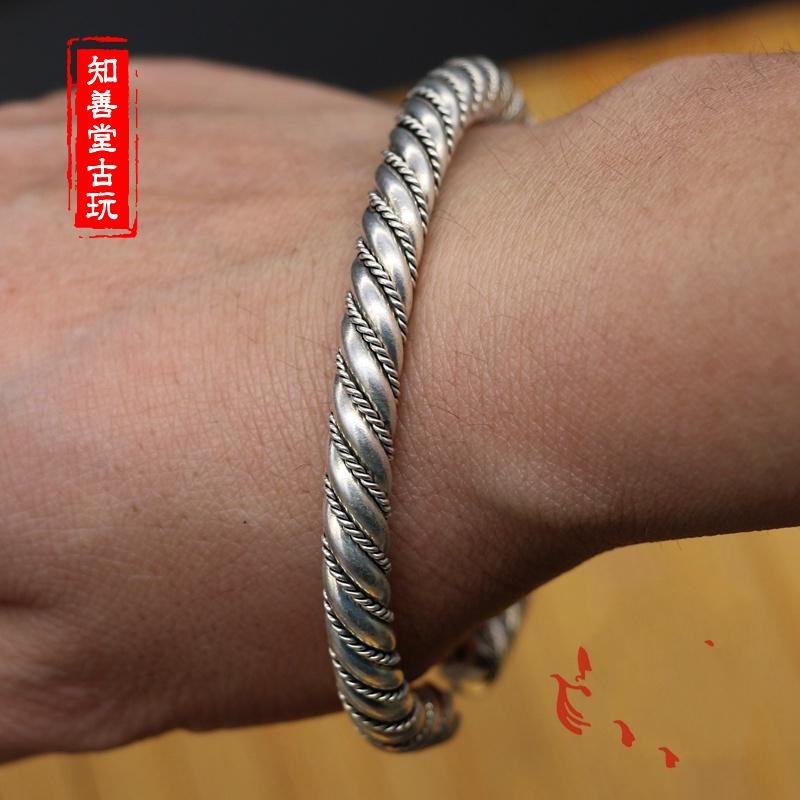 仿古做舊款 苗銀藏銀銅鍍銀卷絲掐絲麻花手鐲 情侶款飾品-細節圖3