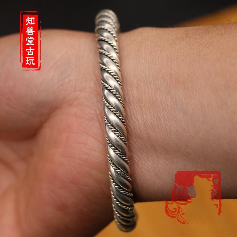 仿古做舊款 苗銀藏銀銅鍍銀卷絲掐絲麻花手鐲 情侶款飾品-細節圖4