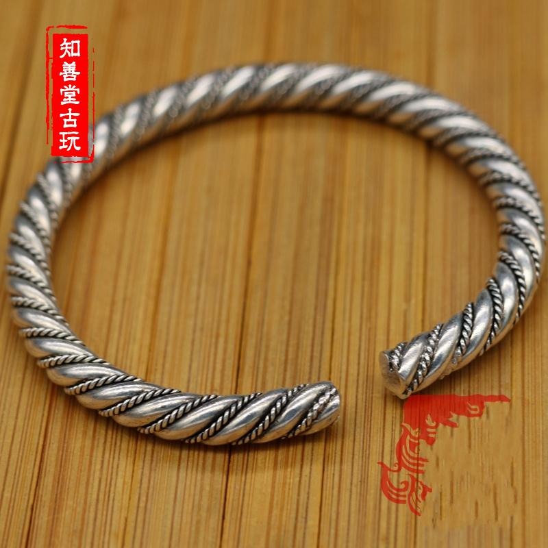 仿古做舊款 苗銀藏銀銅鍍銀卷絲掐絲麻花手鐲 情侶款飾品-細節圖5
