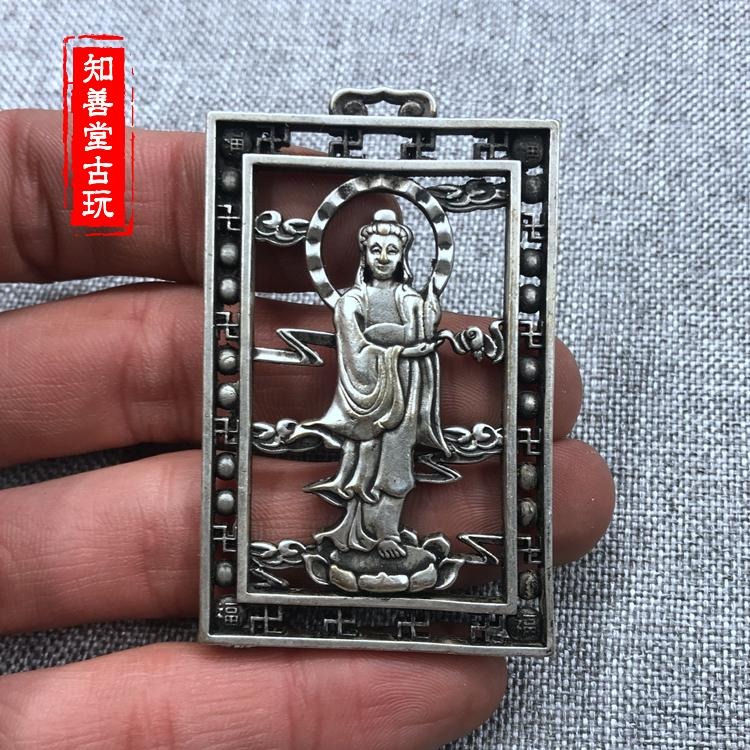 仿古 仿銀牌子古玩雙面鏤空工藝白銅手工雕刻站觀音牌子掛件吊墜-細節圖2