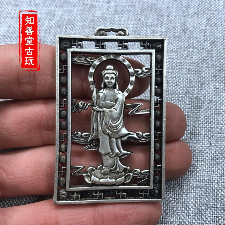 仿古 仿銀牌子古玩雙面鏤空工藝白銅手工雕刻站觀音牌子掛件吊墜-細節圖5