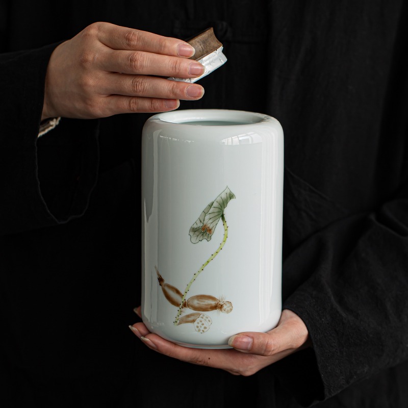 手繪白瓷茶葉罐密封家用日式大號一斤禮盒包裝陶瓷精品高檔儲存罐-細節圖3
