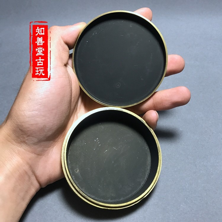知善堂 文房四寶精品純銅黃銅墨匣 仿古精雕文曹像復古圓形銅墨盒-細節圖4