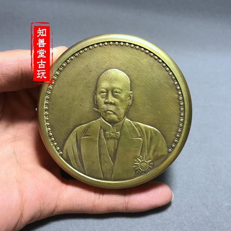 知善堂 文房四寶精品純銅黃銅墨匣 仿古精雕文曹像復古圓形銅墨盒-細節圖5
