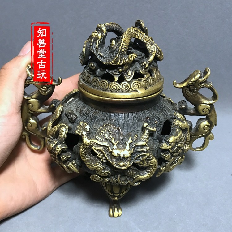 古玩銅器純銅龍香爐 九龍盤香爐 大清乾隆御製薰香爐仿古工藝精品-細節圖2