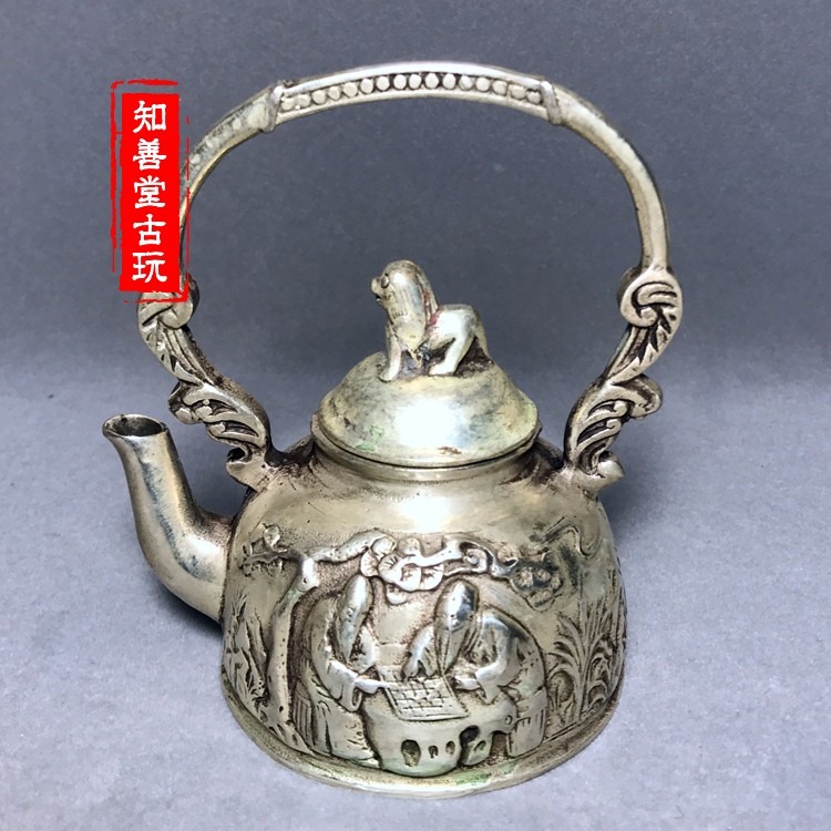 仿古銅器白銅黃銅鍍銀祿福壽水壺茶壺擺件家居裝飾禮品古玩收藏品-細節圖5